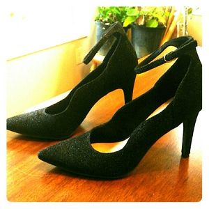 Christian Siriano Black Sparkly Heels, Ankle Strap